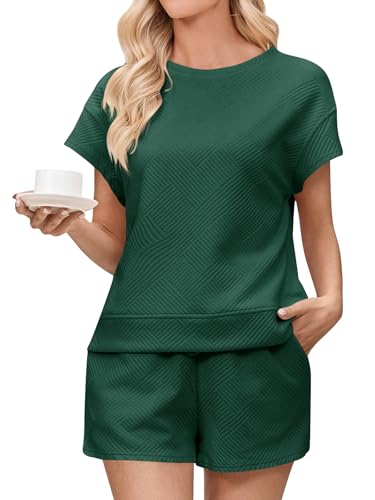 Imily Bela Damen Loungewear Set Kurzärmelige Oberteile und Shorts 2 Stück Outfits Passende Lounge Pyjama Set mit Taschen Dunkelgrün M