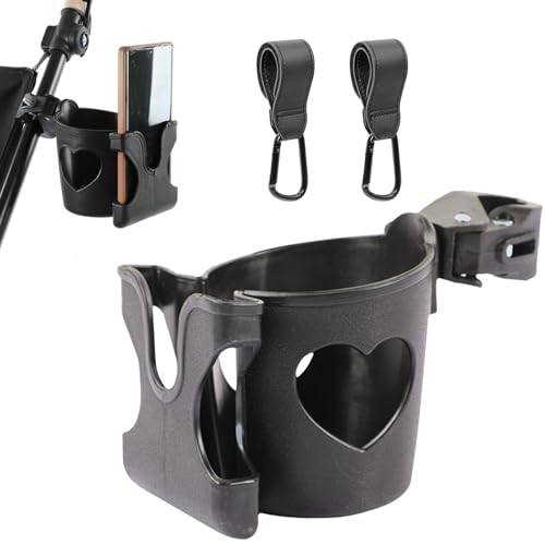 Geoyien Getränkehalter Kinderwagen, Becherhalter Kinderwagen, 1 Kinderwagenbecherhalter mit 2 Kinderwagenhaken, 360 Grad Drehbarer Fahrradbecherhalter, Großkalibrig Gestalteter Becherhalter, Schwarz
