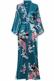 BABEYOND Damen Morgenmantel Maxi Seide Satin Kimono Kleid Pfau Muster Bademantel Damen Robe Schlafmantel Girl Pajama Party 135cm Lang (Türkis)