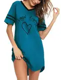 Litherday Nachthemd Damen Nachtwäsche Baumwolle Loungewear Nachtkleid Kurz Negligee, Pfauenblau, L