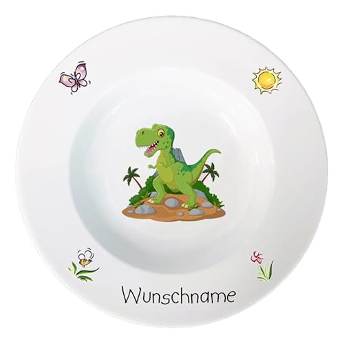 Doriantrade Suppenteller 22cm Kinderteller Teller Porzellan Dinosaurier personalisierbar mit Wunschname Name Kindergeschirr mit Namen personalisiert