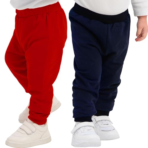 100% Baumwolle Babyhosen Kinderhosen | 2 er-Pack Lässig Sweathose Weiche und Bequeme Babykleidung für Jungen und Mädchen (3-4 Jahre, Rot - Marineblau)