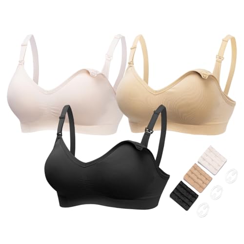 HOFISH Damen 3er-Pack Seamless Clip unten tief V-Ausschnitt, Push-Up-Still-BH Schwangerschafts-BHs 3Pack inlcuding Extenders & Clips groß 3pcs / Packung (Push-Up: pink-schwarz-beige)