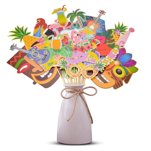AIBAOBAO 36 Stück Hawaii Thema Photo Booth Props, DIY Flamingo Brillen Masken Hut Fotobox Requisiten Accessoires für Sommer Schwimmbad Party Tropical Party Hawaiian Tiki Geburtstag Party Deko