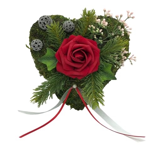 Grabgesteck Grabschmuck Grabaufleger Moosherz Grabherz Trauerherz Grab Herz Gesteck und Rose (Rose Rot)