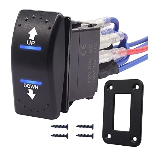 mxuteuk Polarity Reversing Momentan Wippschalter 12V 20A DC Motorsteuerung Kippschalter 7Pin Up/Down Blaue LED Winde in/out Schalter mit Aluminiumplatte Schraube Pigtail Draht DE-K-053-M-BU-XB