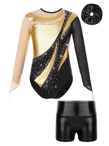 iiniim Kinder Mädchen Turnanzug Gymnastikanzug Trikotanzug Glänzend Gymnastik Leotard mit Shorts Haarband Wettbewerb Tanzkostüm Gold&Schwarz 110-116