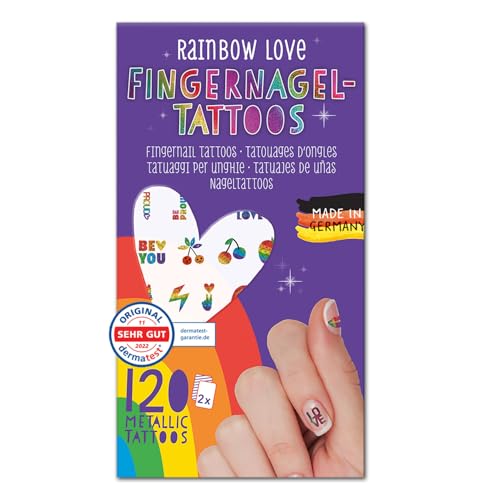 moses. Fingernagel-Tattoos Rainbow Love – 120 Metallic-Nagelsticker, einfache Anwendung, Regenbogen Nageltattoos ideal für Festivals & den Alltag, Made in Germany!