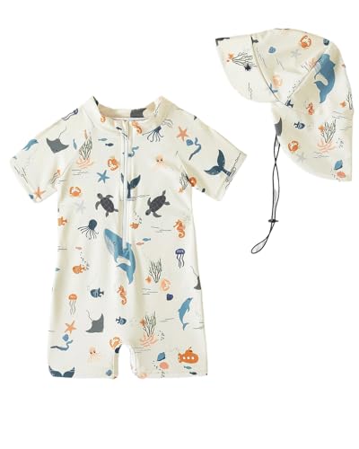 DivingBirds UV Badebekleidung Baby Badeanzug mit Hut Unisex Badeanzug Baby Kinder Schwimmanzug Mädchen Junge, Beige-Ozean 1-2 Jahre 86-92