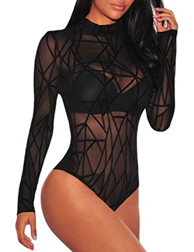 MAYFASEY Damen Sexy Lange Ärmel Mesh Bodysuit Tops Leotard Tops Jumpsuits, Schwarz, M