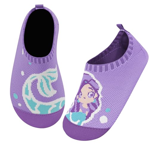 Kyopp Hausschuhe Kinder Junge Mädchen Pantoffeln Rutschfest Barfussschuhe Kindergarten Slippers für Atmungsaktive Weich Lauflernschuhe Kleinkinder Schuhe(Meerjungfrau-Violett-1 32/33EU)