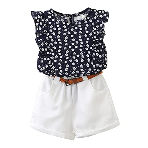 Weiß Freizeitanzug Kinder Mädchen 128 Baumwolle Zweiteiler Sommer Outfit Blumenmuster Kurze Hose Und Top Mit Rüschen Set Sommer Mode Casual Kinderkleidung Lässige 2 Piece Set Mit Gürtel