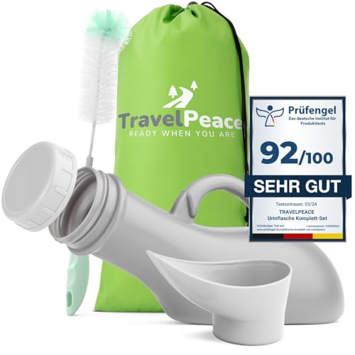 TRAVELPEACE® - Urinflasche - 3in1 Komplett Set - mit Komfort Hygienebürste - inkl. Blickschutz-Beutel - Urinal Frauen und Männer