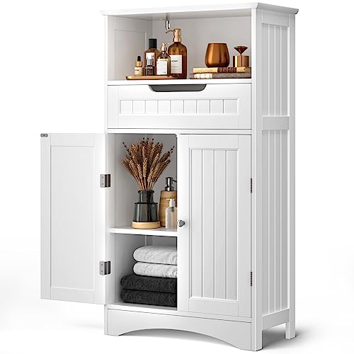 Bealife Badezimmerschrank, Badezimmer-Aufbewahrungsschränke mit großer Schublade, 2 Türen mit verstellbaren Regalen für Badezimmer, Wohnzimmer, Schlafzimmer, 108 x 60 x 30 cm, Weiß