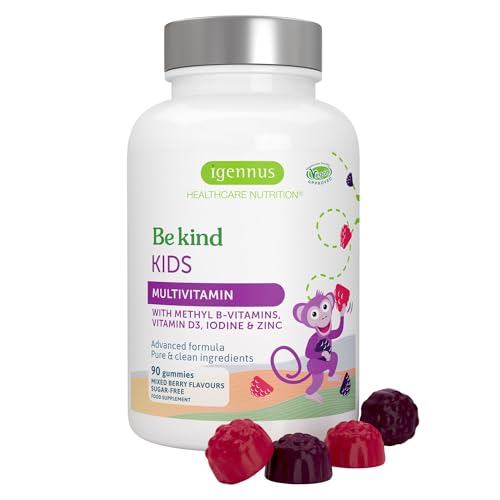 Methylierte Kinder Multivitamin Gummies, MTHFR Unterstützung mit B-Vitaminen, Clean Label, zuckerfrei, ab 4 Jahren, 90 Stück mit Beerengeschmack, vegan, ohne künstliche Süßstoffe & Aromen, von Igennus