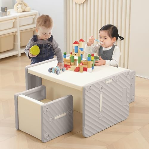 FAYDUDU Kindertisch mit 2 Stühlen Kinder Tisch Stuhl Set für Jungen und Mädchen Kindertisch mit Stühle Plastik (Grau)