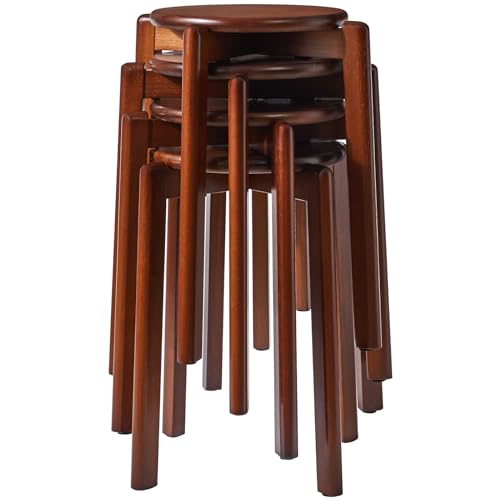YMYNY Esszimmerstühle, Barstühle aus massivholz, 4er Set Barhocker, rund Sitzhocker, Arbeitshocker, platzsparend, stapelbar, für Tagungsraum, Wohnzimmer, Esszimmer, Küche, Walnussbraun HBD026H-4