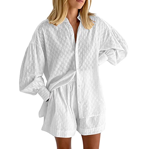 Damen Langarm Puffärmel Freizeithemd Set Casual 2-Stück Reverskragen Langes Ärmeln Oberteil Baggy Lang Hosen 2-Teilig Täglich Elegante Frauen Bequeme Straight Hausanzug Im Haus Pyjama (White, XXL)