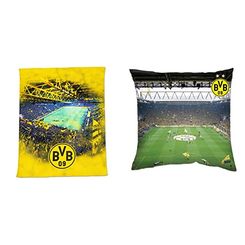 Borussia Dortmund BVB-Fleecedecke mit Stadionprint, 150x200cm & BVB-Kissen Südtribüne, Mehrfarbig, 40x40cm