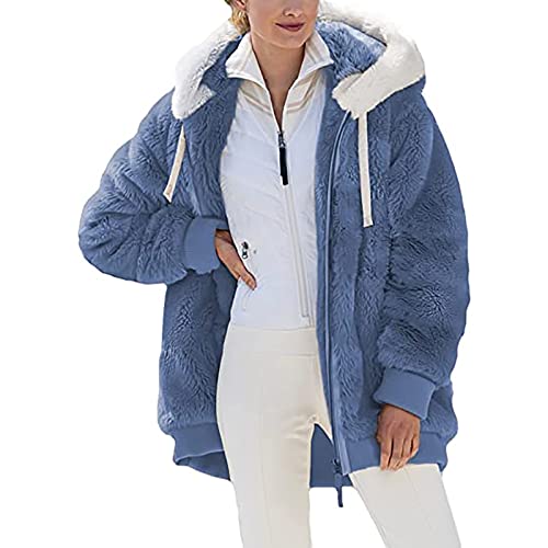 KOG Fleecejacke Damen Herbstjacke Warm Wollmantel Vliesjacke Einfarbig Oberteile Teenager Pullover Winterjacke übergangsjacken Prime Windbreaker Frau Dufflecoat Baumwolle Gutscheine Blau 4XL