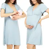 Stillnachthemd, Geburtskleid, geburtshemd, 3 in 1 Stillen, Krankenhaus und Schwangerschaft, Weich und Atmungsaktiv (L, Blau)