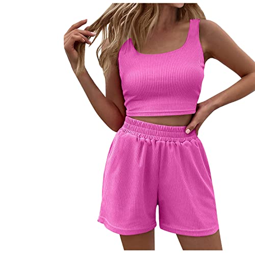 HXRYPG Meine Bestellungen Anzeigen Zweiteiler Damen Sommer Outfits Workout Hosenanzug Crop Tank Top und Shorts Loungewear Set 2 Teiler Baumwolle Kleidung Y2K Sport Anzug Freizeitanzug Rosa M