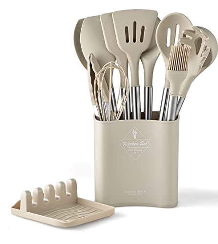 FlyHigh Premium 13-teiliges Küchenutensilien - 100% BPA-frei, hitzebeständiges Silikon, Antihaftbeschichtung, Edelstahl-Silikon-Griffe und Halter - Hochwertiges Spachtel-Set (Khaki)