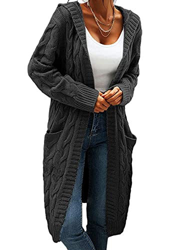 GeGekoko Strickjacke Damen mit Kapuze Langarm Grobstrick-Cardigan Open Front Sweater Herbst Winter Casual Strickcardigan Pullover mit Taschen