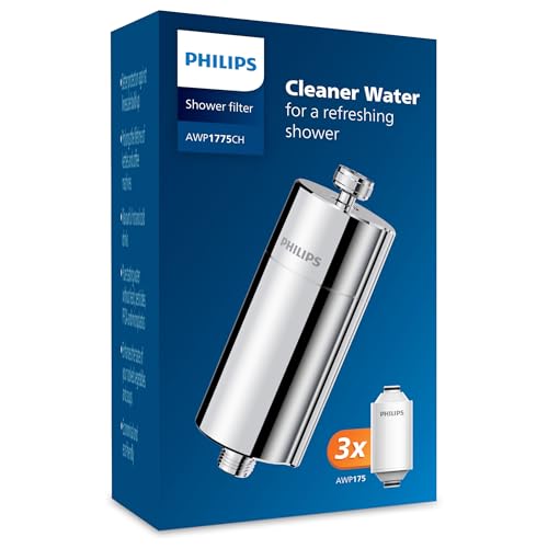 Philips Wasser-Inline-Duschfilter und 3 Ersatzfilter-Kartuschen, 50 000 L Filterkapazität, CHROM, reduziert Chlor um bis zu 99%, passend für alle Standardschläuche und- armaturen