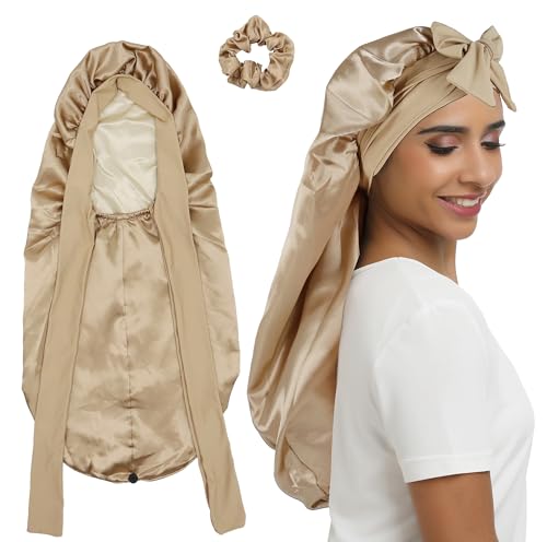 SENGTERM Lange Satin Schlafmütze Seiden haube für Frauen - Doppelschicht elastische Seidenhaube für Braids Hair Sleeping Cap mit Krawattenband (DE/NL/SE/PL, Alphanumerisch, M, L, Long golden)