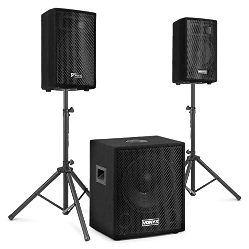 Vonyx VX1015BT Mobile PA Anlage Komplettset, PA Anlage Aktiv mit Bluetooth Komplettset, 1000 Watt DJ Boxen, PA Lautsprecher Beschallungsanlage, 2X Top-Speaker, 1x Subwoofer, Kabel, Stativen, Tasche