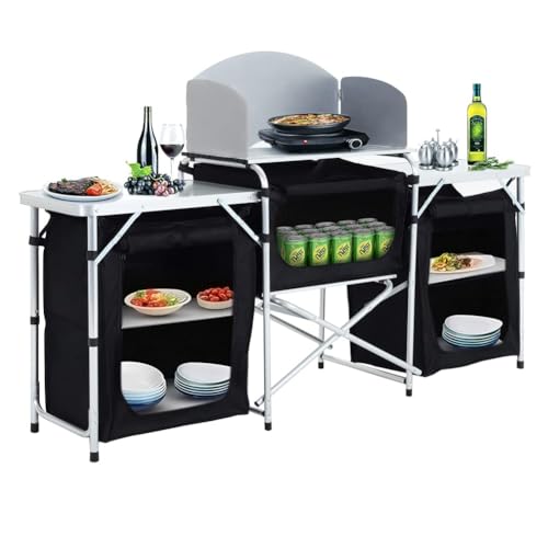 XEMQENER Campingküche Faltbar mit Tragetasche, 14kg Alurahmen Tragbar Camping Outdoor Küche mit MDF Tischplatte, Mobile Gartenküche, Grilltisch Außenküche für BBQ Reisen(Schwarz, 175×40×110cm)