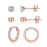 Josfeva Creolen Damen Ohrstecker Ohrringe, 925 Sterling Silber, 3 Paar Rose Gold Schlafen Ohrringe Set, 5mm Ohrstecker & 14mm Creolen