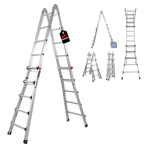 PROREGAL Sprossen-Mehrzweckleiter APOLLO 3-in-1 Aluminiumleiter 4x5 Sprossen bis zu 5m Höhe Traglast 150kg Silber, Treppenleiter Multifunktionsleiter Klappleiter Teleskopleiter Stehleiter Anlegeleiter
