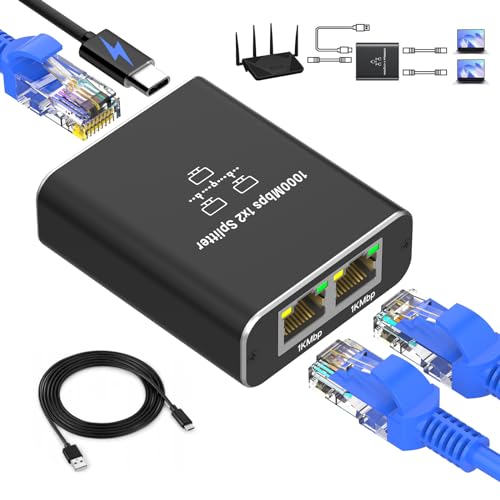 LAN Splitter 1 auf 2, Gigabit Ethernet Splitter, 1000Mbps RJ45 LAN Netzwerk-Splitter mit USB-C Stromkabel für Computer, Hub, Switch, Router, ADSL, Digital TV, etc. gleichzeitig Arbeiten (1 to 2)