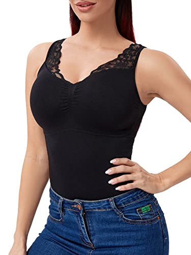 Joyshaper Damen Unterhemd Formende Oberteile Tank Tops Bauchweg Hemdchen Shapewear Spitze Westenoberteil Vests Body Shaper Shaping Hemd Schlank Bauch Weg Shirts Schwarz,XL