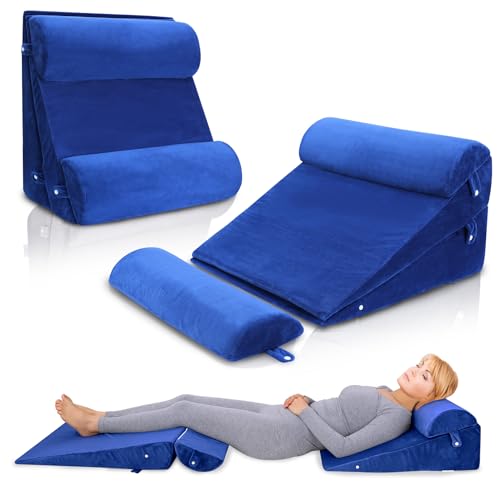 WDBBYL Bett-Keilkissen-Set, 4-teilig, zum Schlafen, Erhöhung, Unterstützung bei der Erholung nach der Suregerie, saurer Reflux, GERD, Schnarchen, waschbarer Samtbezug, Blau