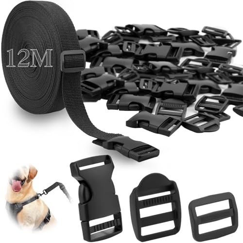 12 m Gurtband mit Schnalle Set Gurtband 25mm mit 12 Paare Schnallen und Verschlüsse Nylon Gurtbänder Einstellbare Steckschnalle Klickverschluss für DIY Rucksack Gepäckgurten Tasche Befestigung Gurt