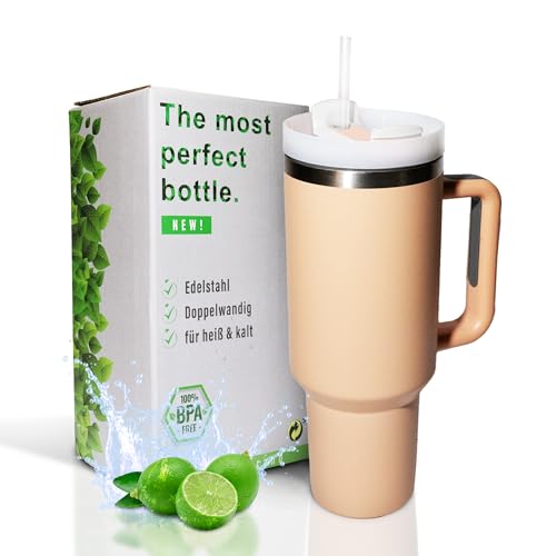 RiyeoTree® 1182ml Edelstahl Trinkflasche mit Strohhalm, Kaffeebecher to Go als 40oz Tumbler - Thermobecher mit Griff für heiß- und Kaltgetränke - Pfirsich