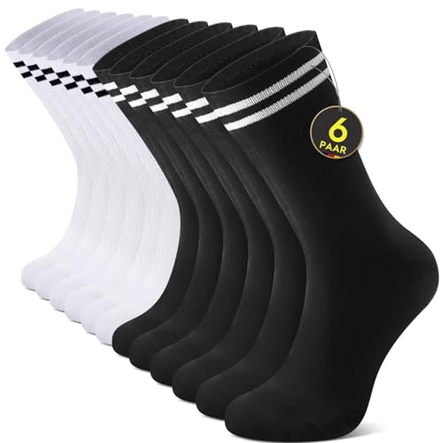 YouShow Tennissocken Damen 6 Paar Crew Socken Herren 35-38 Atmungsaktiv Sportsocken Retro Baumwollsocken Schwarz Weiß