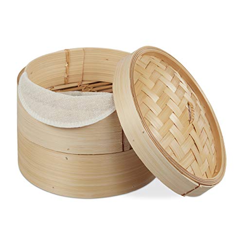 Relaxdays Bambus Dampfgarer, asiatischer Dämpfkorb mit 2 Etagen, für Dim Sum, Reis, Dampfgarer Einsatz, Ø 20,5 cm, natur, Hellbraun, Helles Braun