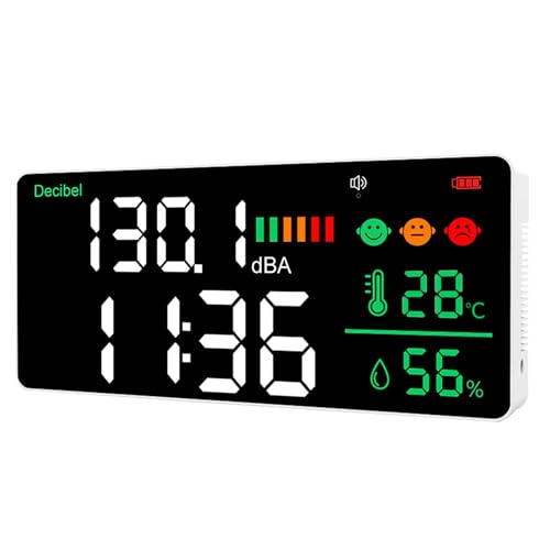 5-in-1 Dezibel Messgerät Wandmontage DB Messgerät Schallpegelmessgerät 43-130dB 11" Große LED-Anzeige Lärm-, Zeit-, Temperatur- & Luftfeuchtigkeit messgerät für Zuhause (Db Messgerät-2000mah)