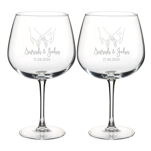 Wanapix | Personalisierter 2er Pack Ballonglas mit Namen | Gravierten Gin Glas | Originelles Geschenk | Jahrestag/Hochzeit | Kristall - 70cl. | Hände