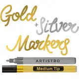 Artistro 2 Gold & Silver Acrylic Paint Pens for Rock Painting Ceramic Wood Glass Tire Plastic - 3mm Medium Tip Paint Markers Ideal for Labeling DIY Crafts Art Projects