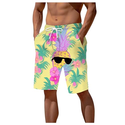 QWUVEDS Herren-Sommershorts mit digitalem 3D-Ananas-Aufdruck, elastische Taille, Strandhose Badeshorts Für Herren Schwarz Radhose Herren Kurze Hosen Herren Sport (Yellow, XXL)