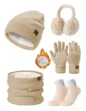 Niwicee Mütze Schal Handschuhe Damen Winter Set Fleece Gefütterte Wärmer Loop Schlauchschal Touchscreen Handschuhe Beanie Strickmütze Dicke Socken Plüsch Ohrenschützer Kombi Set 5 Stücke (Khaki)