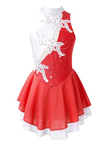 iEFiEL Mädchen Eiskunstlauf Kleid Glitzer Ballettkleid Ärmellos Ballettanzug Ballett Trikot Body mit Strass Wettbewerb Kostüm Gymnastikanzug Za Burgund + Weiß 170-176