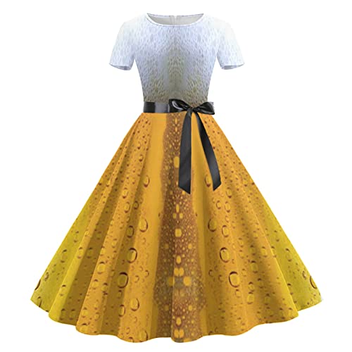 Gründirndlkleid Damen Bier Kostüm Kleider Sommer Bier Kostüme Kopfschmuck Festival Tracht Freizeitkleider Cosplay Traditionelle Kleidung Kleid Sommerkleid Dirndl Oktoberfest-Dirndl-Kleid (4-Gold, XXL)