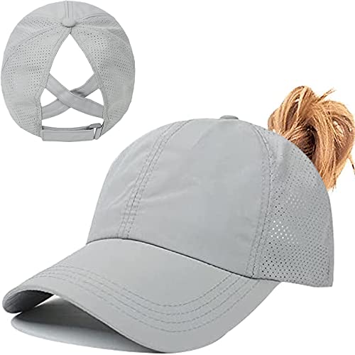 Pferdeschwanz Baseballkappe Damen Sommer Einstellbare Schnell trocknende Masche Atmungsaktiv Baseballmütze Unisex Criss Cross Hüte Sport Mütze (hellgrau)