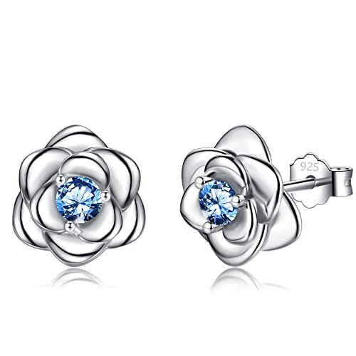 Klein Rose Ohrstecker Silber 925 für Damen Mädchen, Silber Rose Ohrringe mit Blau Zirkonia Zierliche Knorpel Tragus Helix